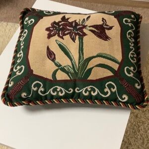Amaryllis pillow. Green, burgundy and tan.